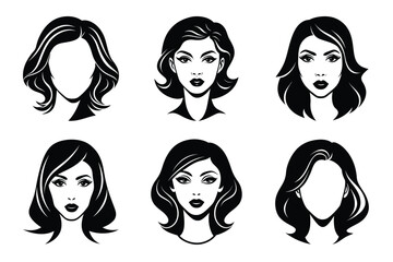 set of beautiful women faces profiles silhouette Vector Illustration. with long hair, female head icon