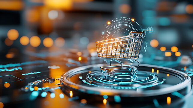 Digital shopping cart transformation e-commerce sector 3d visualization futuristic environment close-up view innovation concept