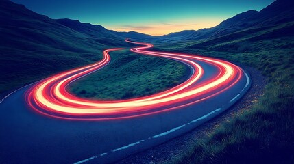 Winding road, sunset light trails, mountains, travel