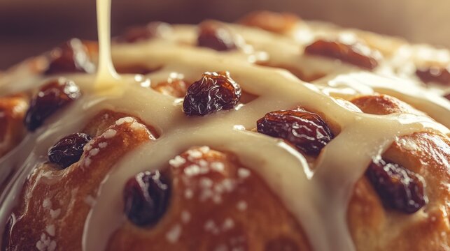 Close-up of hot cross buns with icing and raisins dripping