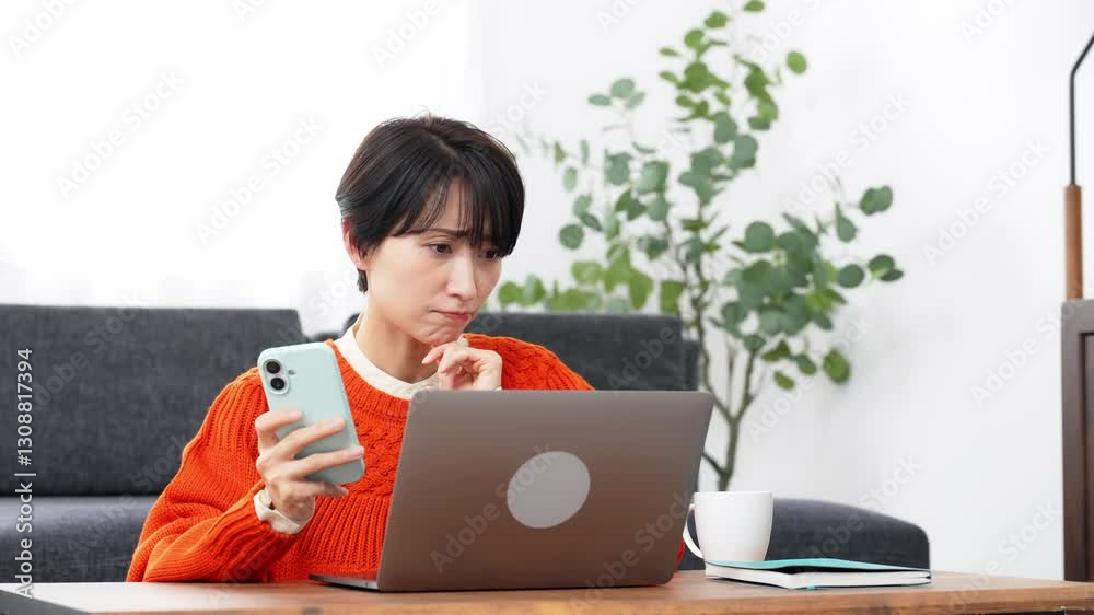 Aufkleber リビングルームでスマホとノートパソコンを見ながら悩むミドルエイジ女性