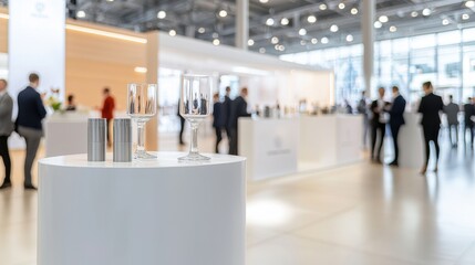 Modern business event or conference with attendees in a spacious exhibition hall, featuring stylish decor and ambiance.