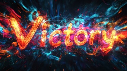 A vibrant and dynamic representation of the word "Victory," featuring bright colors and swirling effects that evoke a sense of triumph and energy.