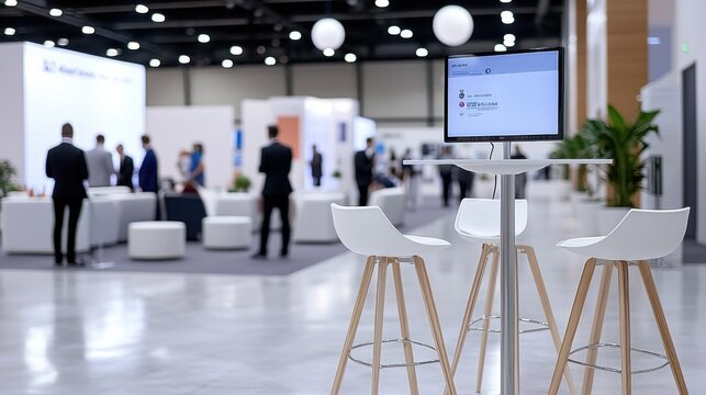 Modern business conference setup with chairs, table, and attendees in elegant exhibition hall.