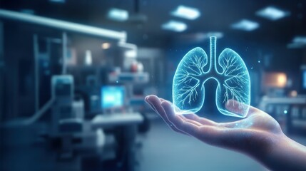 A digital hologram of lungs displayed on a hand, emphasizing urgent care, medical emergency, and healthcare urgency in respiratory health