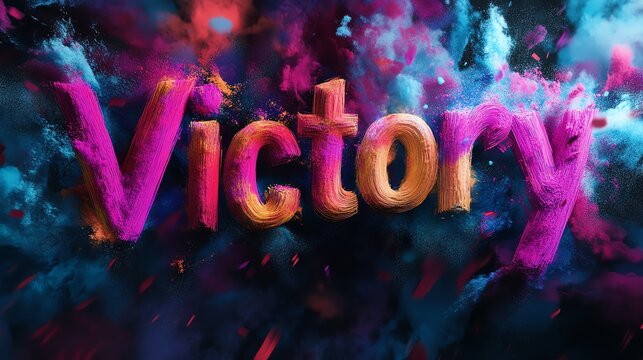 A vibrant "Victory" text emerges amid colorful clouds, symbolizing triumph and celebration in a dynamic, eye-catching design. - Powered by Adobe