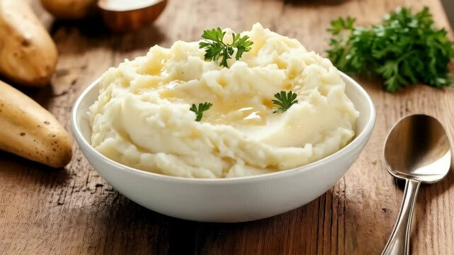Creamy mashed potatoes with garlic and herbs prepared in a cozy kitchen setting during a family gathering