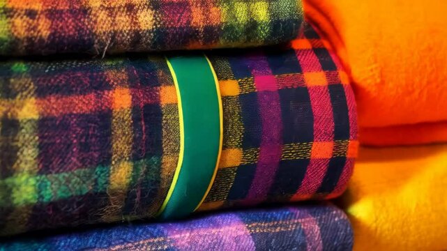 Cozy blankets stacked in vibrant colors showcased in a warm shop setting during autumn season
