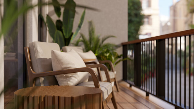The armchairs and table place on the wooden floor balcony, with city view and sunlight shine upon.