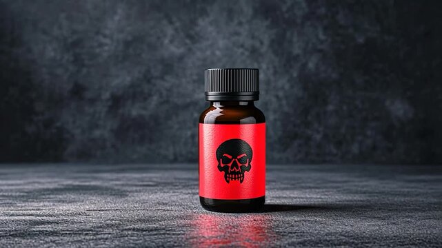 Dark background featuring a bottle with a skull label, suggesting danger or toxicity