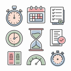 Fototapeta premium Minimalist vector icon pack of productivity symbols with a clean, pastel design