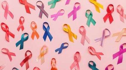 Colorful ribbons representing cancer awareness displayed on a soft pink background. These vibrant ribbons symbolize support for different cancers, promoting solidarity and hope in the fight against ca