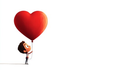 A young boy joyfully holds a large red heart balloon against a minimalist white background, symbolizing love and happiness.