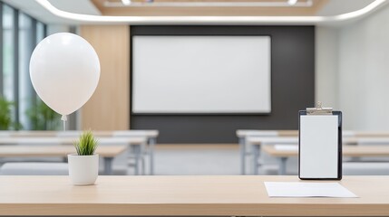 Modern conference room with table, clipboard, balloon, plant, and screen for presentations, professional setting.