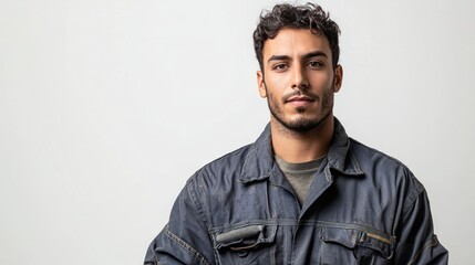 Obraz premium A young man in a work uniform poses confidently against a neutral background.