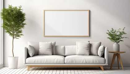 White Sofa Wooden Frame Plants Mockup Minimalist Living Room