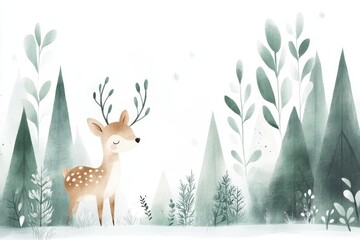 A clean illustration of a deer standing in a forest clearing, surrounded by tall trees and foliage, rendered in soft greens and browns on white