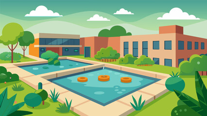 Fototapeta premium The once drab concrete courtyard is now a lush green oasis complete with a pond and watersaving irrigation system all thanks to the dedicated efforts. Vector illustration