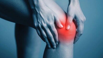 Person Experiencing Knee Pain While Touching Joint in Blue Light