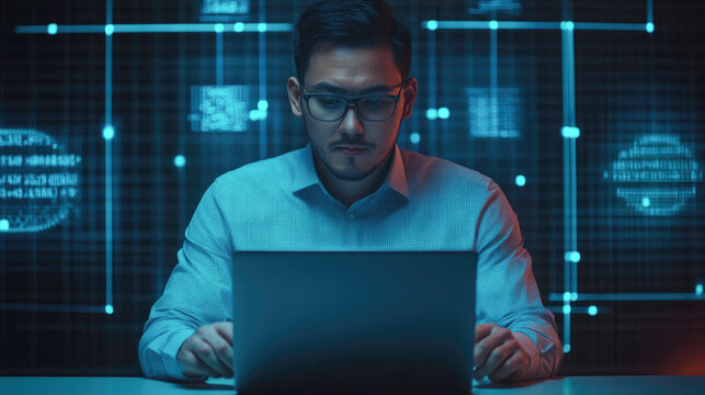 Asian adult male analyzing data on laptop in tech environment with digital screens