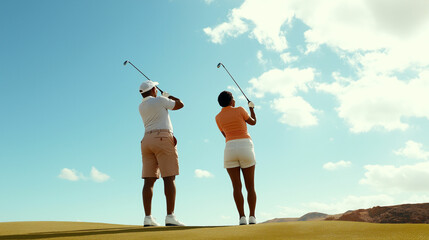 Couple enjoys a sunny day on the golf course while practicing their swings and enhancing their game together