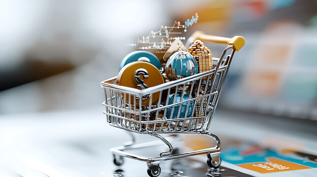 Shopping cart filled with digital coins modern retail environment e-commerce concept close-up view technology innovation