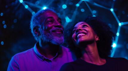 Couple enjoys a joyful moment together in a vibrant and colorful setting during a special evening