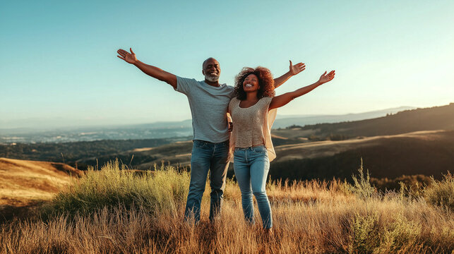 Couple celebrates love and joy in golden hour light on a scenic hillside with open arms - Powered by Adobe