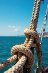 Fototapeta premium Thick ropes, nautical knots, blue sky backdrop, image, nautical, travel
