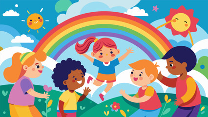 The vibrant mural portrays children from different backgrounds playing together under a rainbow sky symbolizing the innocence and purity of peace.. Vector illustration