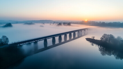 Fog blankets serene landscape as bridge spans quiet river at dawn