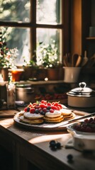 Delicious pancakes with fresh berries and whipped cream on rustic kitchen table