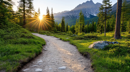 beautiful mountain trail at sunrise with golden light illuminating path