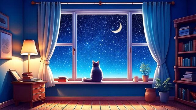窓辺で美しい夜空を見上げる子猫。流れ星が流れるシームレスなループアニメーション。YouTube投稿やミュージックビデオなど、BGM付きの動画に最適です。