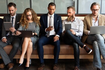 Group of professionals sitting on a couch, using devices like tablets and phones. Business attire,...