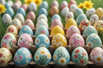 Obraz premium A field of grass with a bunch of Easter eggs scattered throughout