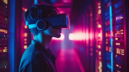 IT manager with VR goggles setting up a virtual network