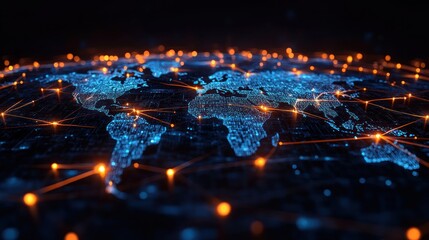 Global digital network map, glowing connections, world map background
