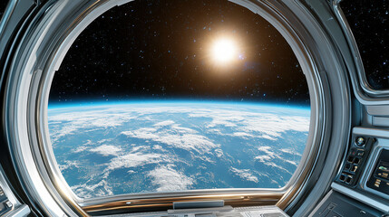 stunning view of Earth from spacecraft window, showcasing sun rising over horizon