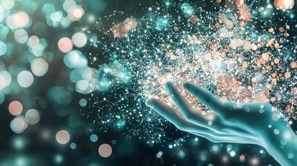 Captivating light particles dance in hand abstract art digital realm mystical atmosphere close-up view