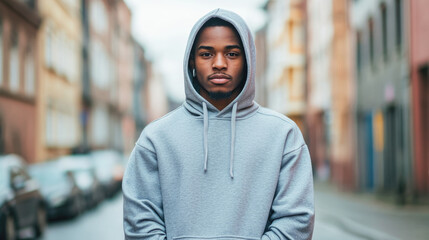 Young african male in gray hoodie standing outdoors on urban street