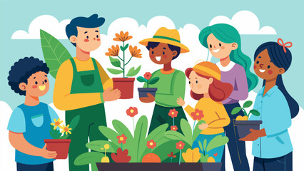 The gardening club attends a field trip to a local nursery to learn about the latest plant hybrids and stock up on new additions for their own. Vector illustration