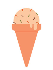 Ice cream in a waffle cone. Vector isolated illustration with cold dessert, ice cream. Summer element, vacation. Flat design. Cute naive clip art in cartoon kawaii style. Sweet food.