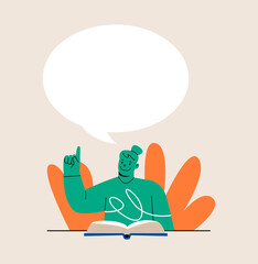 Woman giving advice. Speech bubble above. Colorful vector illustration