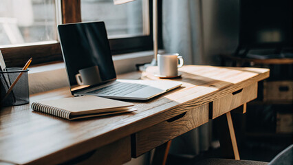 Modern home office setup with laptop, notebook, and coffee cup on wooden desk, symbolizing hybrid work. Minimalist decor with copy space, ideal for remote work and productivity concepts.