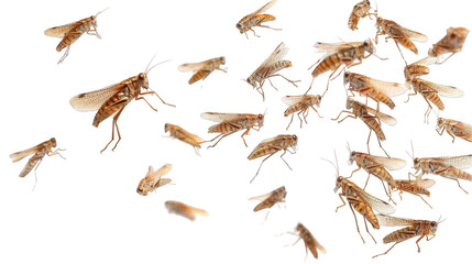 Fototapeta premium Swarm of locusts in dynamic flight captured against a clear white backdrop
