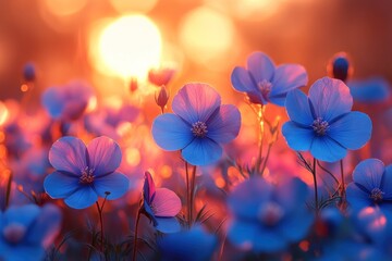 Blue wildflowers blooming in meadow at sunset, golden background