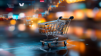 Shopping cart illustration symbolizing e-commerce growth in urban environment digital graphics futuristic viewpoint