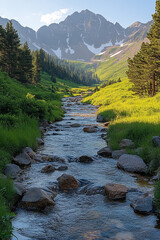 Obraz premium Scenic Alpine Landscape: Tranquil River Flowing Through Mountainous Terrain