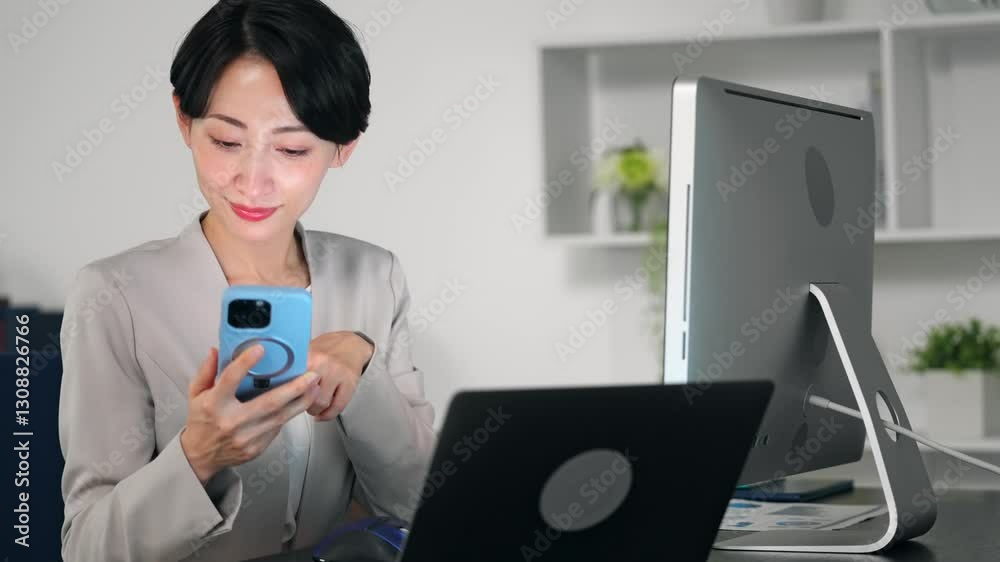 Poster 暗いオフィスでスマホとパソコンを使って作業する女性ビジネスパーソン